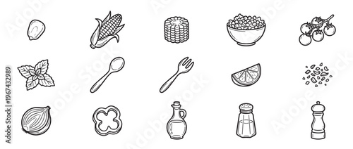 Collection of hand-drawn black and white cooking ingredients and kitchen utensils on a clean white surface