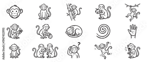 Collection of various cute cartoon monkey illustrations in different poses and expressions, rendered in a simple black and white outline style