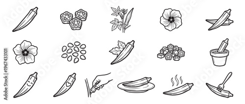 Collection of hand-drawn black and white okra illustrations showcasing whole pods, sliced pieces, seeds, flowers, and cooking preparations