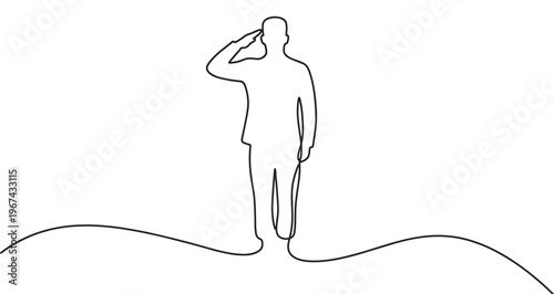 Single continuous line drawing of a man in a suit saluting, symbolizing respect and honor