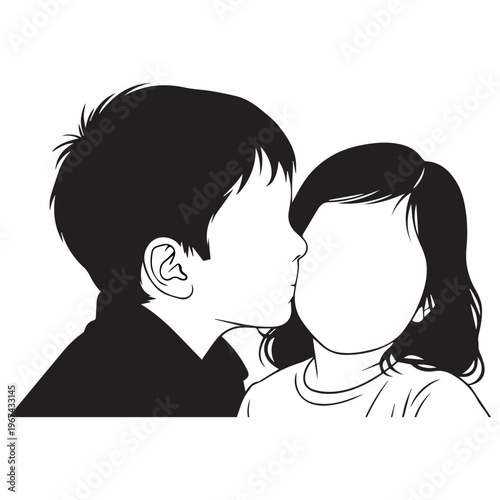 An adorable illustration depicts a young boy affectionately kissing a girl on the cheek, representing innocent love, friendship, or sibling tenderness.