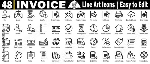 Invoice line art icons set. With forty-eight symbols for paid, unpaid, overdue, late fee, create, send, receive, view, edit, print, download, and email documents. vector illustration.