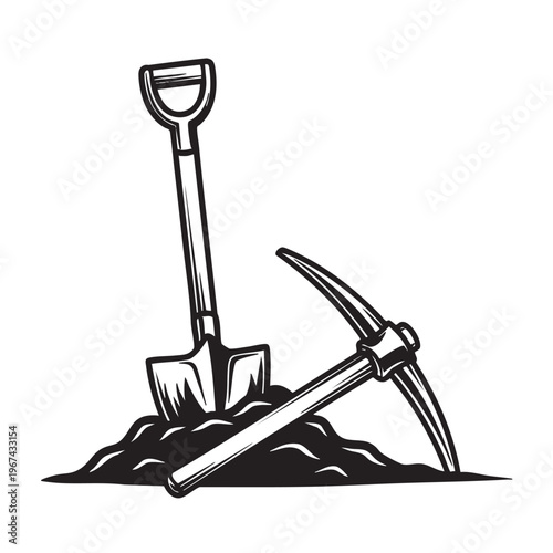 Shovel and pickaxe stuck in pile of soil black and white vector illustration of mining tools and digging equipment for construction archaeological excavation and labor concept