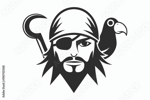 Traditional Pirate Captain with Hook Hand and Green Parrot on Shoulder Vector Character Illustration