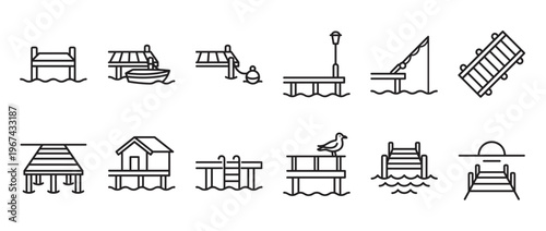 Collection of various simple black line art icons depicting different types of piers and docks over water
