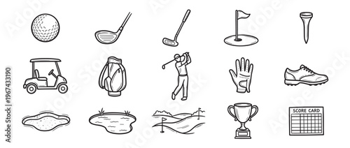 Collection of hand-drawn golf icons including a ball, clubs, cart, player, and course elements, presented in a clean, illustrative style