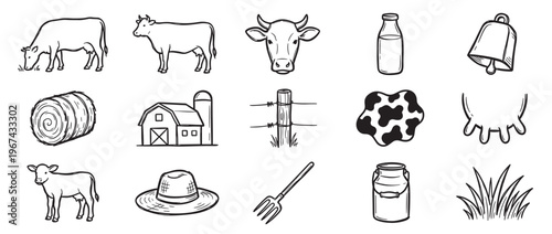 Collection of hand-drawn black and white farm and dairy related icons, including cows, milk, and farming tools