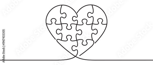 Black outline drawing of a heart-shaped puzzle with multiple pieces, rendered in a continuous line art style