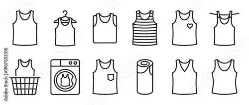 Collection of various outline tank top icons in black and white, depicting different styles and laundry activities