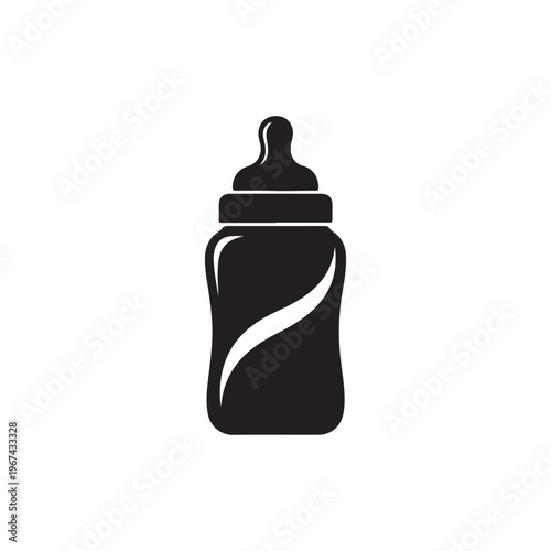 A simple and clear black silhouette icon of a baby feeding bottle with a nipple and cap, essential for infant care.