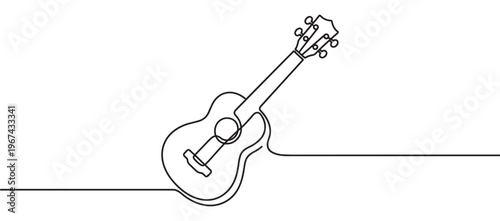 Minimalist black line art drawing of a ukulele with a continuous stroke, illustrating simplicity and musical harmony