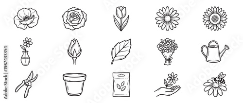 Collection of hand-drawn black and white gardening icons featuring various flowers, tools, and nature elements in a clean, illustrative style