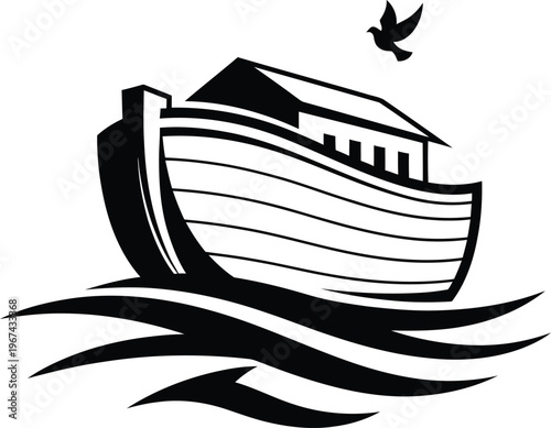 Biblical Noah Ark Boat Icon on Ocean Waves – Monochrome Silhouette Vector Design