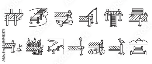 Collection of various simple black outline dock and pier icons, depicting different activities and elements