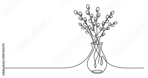 Minimalist continuous line drawing depicts a vase filled with delicate pussy willow branches, creating a serene and elegant illustration