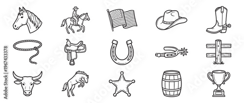 Collection of black and white line art western icons featuring a cowboy, horse, and various related objects