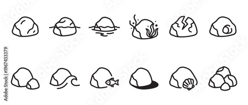 Collection of simple black outline rock icons depicting various natural elements and interactions in a clean, minimalist style