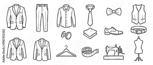Various hand-drawn black outline men's fashion and tailoring items are neatly arranged in a clean, graphic style