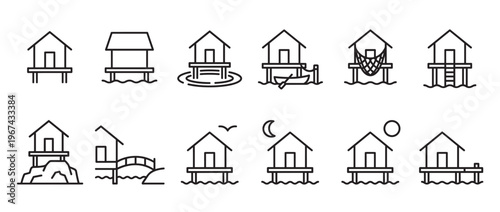 Collection of simple line art icons depicting various stilt houses and bungalows over water or land, in a clean, minimalist style