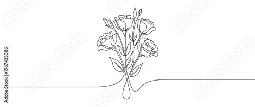 Continuous line drawing of a delicate bouquet of eustoma flowers with buds and leaves, rendered in a minimalist style