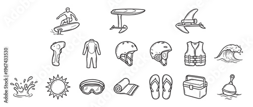 Collection of hand-drawn doodle icons depicting various water sports equipment and summer beach items in a simple black and white outline style