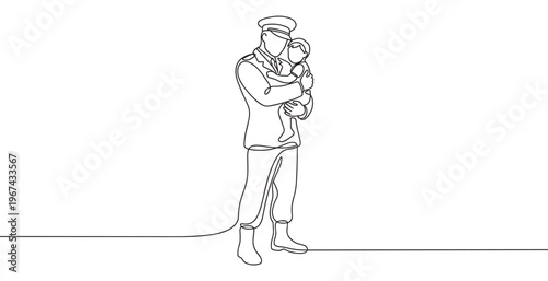 Military officer in uniform holds a small child in a continuous single line art drawing style