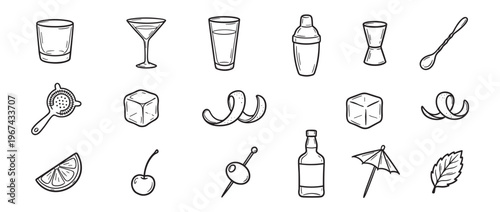 Collection of hand-drawn black and white cocktail bar tools, drinkware, and garnishes in a clean, illustrative style