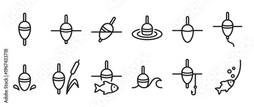Collection of twelve black outline fishing bobber icons illustrating various fishing scenarios and equipment