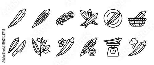 Collection of black outline okra icons illustrating whole pods, sliced pieces, and cooking preparations