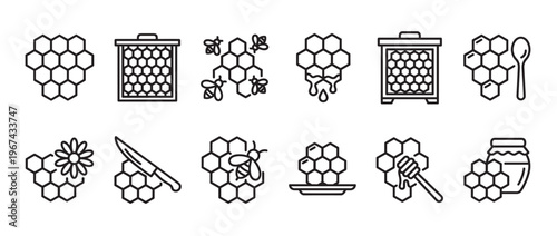 Collection of twelve black outline honeycomb and bee-related icons, depicting various aspects of beekeeping and honey production