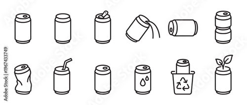 Collection of black outline vector icons depicting various aluminum cans in different states, including open, pouring, crushed, and recycled