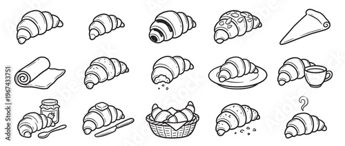Various hand-drawn black and white croissant illustrations depict different forms, toppings, and serving styles for a classic pastry