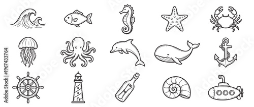 Collection of hand-drawn ocean-themed doodles featuring various marine animals and nautical elements in a clean, illustrative style
