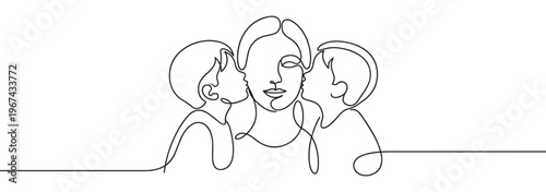 Continuous line drawing of a mother and two children, showing a loving family bond in minimalist style