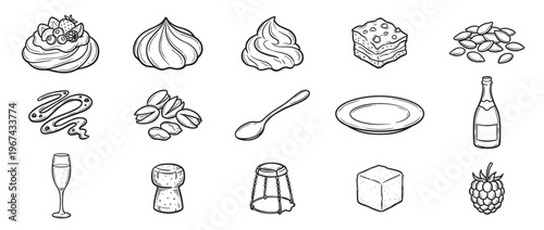 Collection of hand-drawn dessert and celebration elements, including a berry pavlova, meringue, whipped cream, cake, and champagne items, in a clean black and white outline style