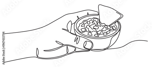 Human hand holds a small bowl of chunky salsa with a tortilla chip dipped inside, depicted in a continuous line art style