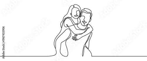 Happy couple in continuous line art style, with the woman piggybacking on the man, smiling brightly