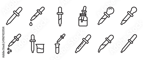 Collection of black outline dropper icons, including pipettes with liquid, drops, and beakers, presented in a clean, graphic style