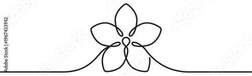 Minimalist black continuous line drawing forms a delicate five-petal flower with a central loop, extending into a horizontal divider