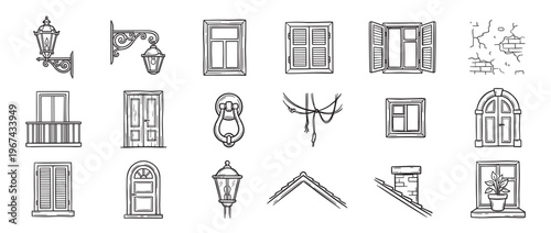 Collection of hand-drawn black and white line art illustrations depicting various architectural elements and building details