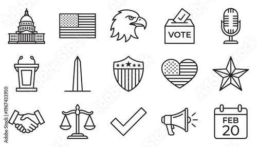 Collection of black outline icons representing American politics and democracy, including symbols like the Capitol building, flag, eagle, vote box, and scales of justice