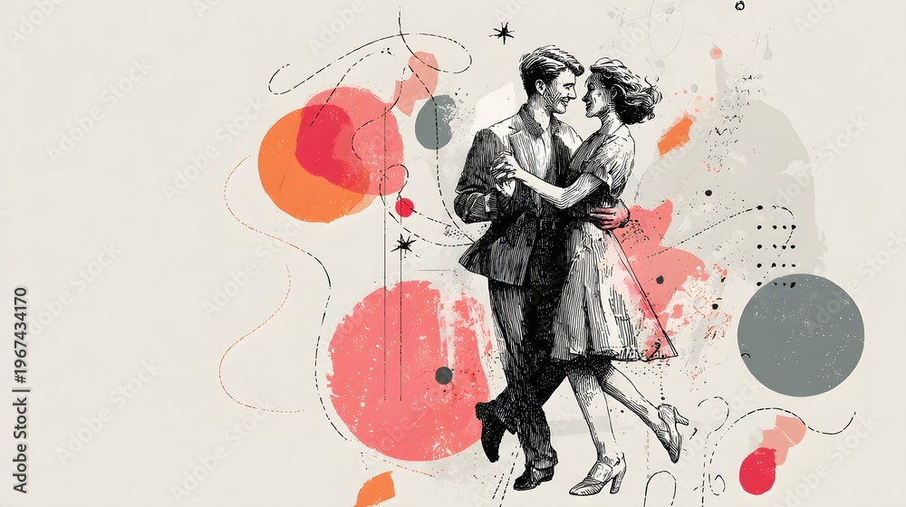 Fototapeta premium Romantic dancing couple illustration in a vintage-inspired midcentury style, elegant love and celebration design with coral, blush, gray, and black accents