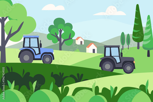 Cartoon illustration of two tractors working on a vibrant green farmland