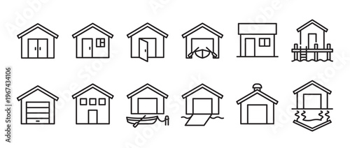 Collection of various simple black outline boathouse and shed icons, depicting different styles and functions