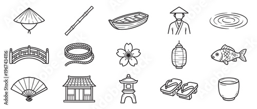 Collection of traditional Japanese culture icons, including a conical hat, bamboo, boat, and a person in traditional attire, presented in a clean line art style
