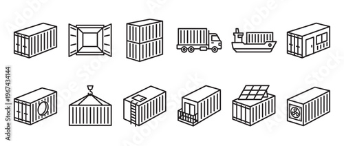 Collection of twelve black outline icons depicting various shipping containers and their transportation methods, presented in a clean, minimalist style
