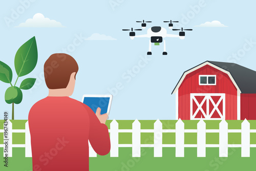 A man controls a drone over a rural landscape with a barn