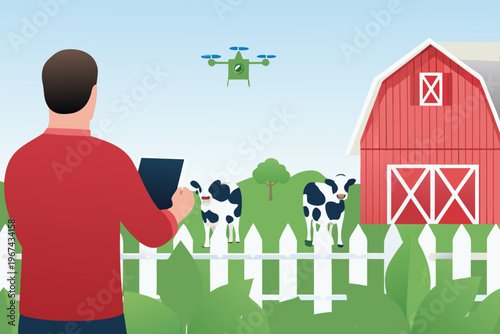 A farmer uses a drone to monitor livestock and a rural farm scene