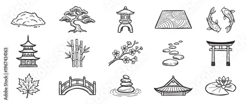 Collection of hand-drawn Japanese garden elements, including a pagoda, bonsai tree, bamboo, and koi fish, in a simple black and white outline style