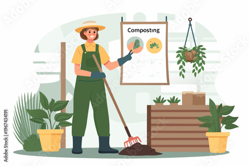 Woman demonstrates composting process in a vibrant garden illustration